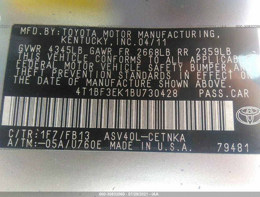 4T1BF3EK1BU730428