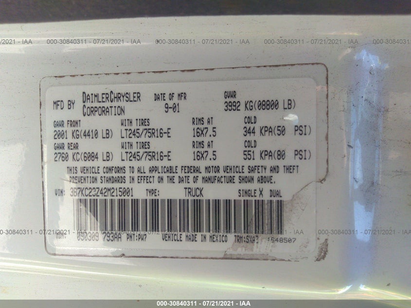 2002 Dodge Ram 2500 VIN: 3B7KC23Z42M215001 Lot: 30840311