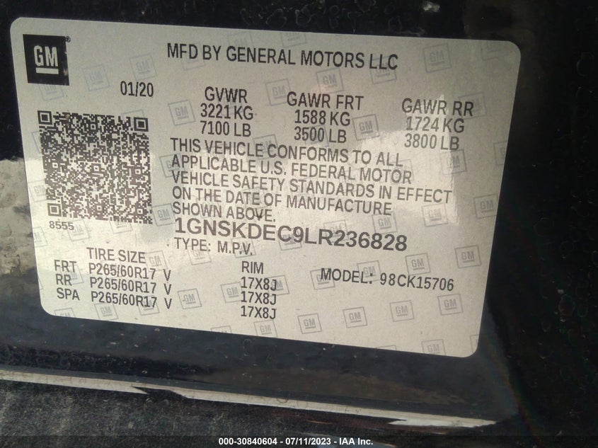 2020 CHEVROLET TAHOE VIN: 1GNSKDEC9LR236828