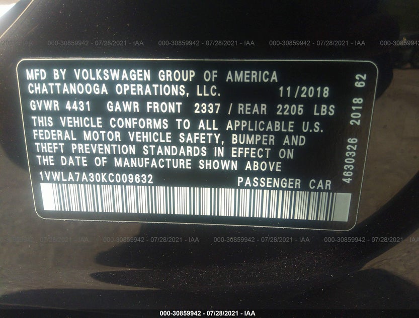 1VWLA7A30KC009632