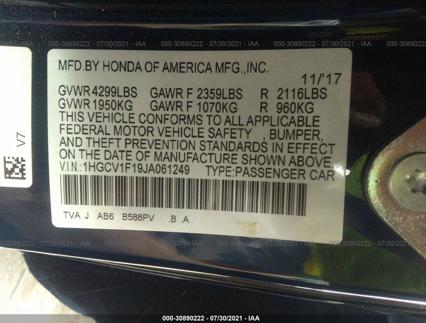 1HGCV1F19JA061249