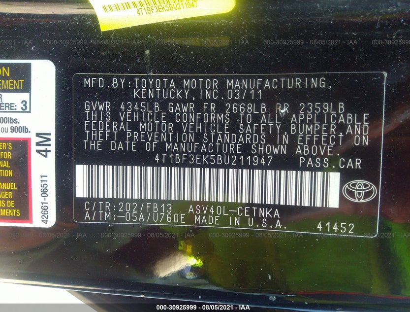4T1BF3EK5BU211947