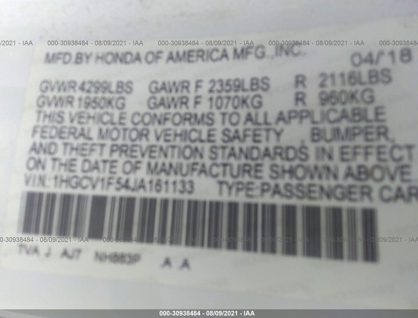 1HGCV1F54JA161133