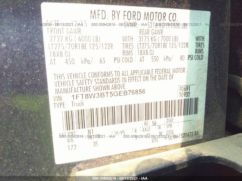 2016 Ford F-350 Xlt VIN: 1FT8W3BT5GEB76856 Lot: 30942816