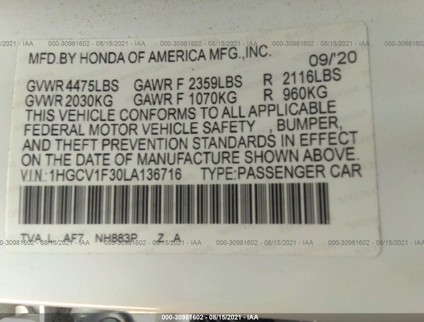 1HGCV1F30LA136716