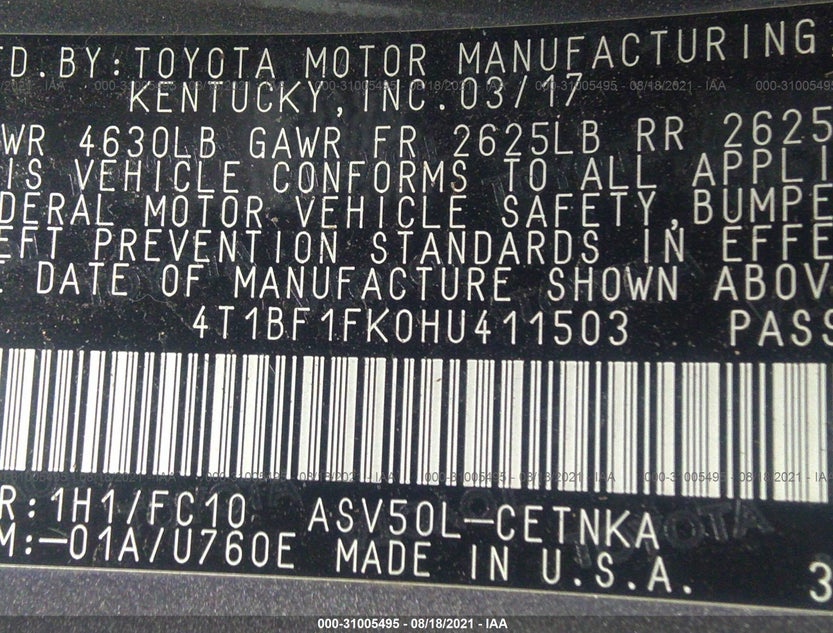 4T1BF1FK0HU411503
