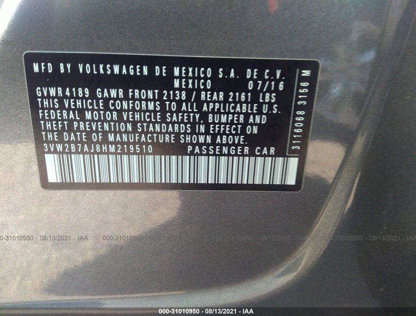 3VW2B7AJ8HM219510
