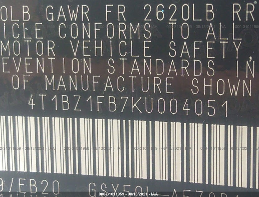 4T1BZ1FB7KU004051