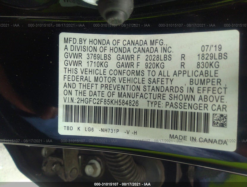 2HGFC2F85KH584826