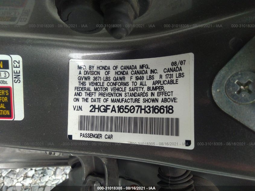 2HGFA16507H316618 2007 Honda Civic Lx