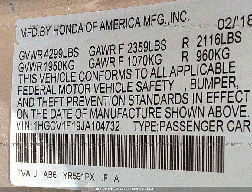 1HGCV1F19JA104732
