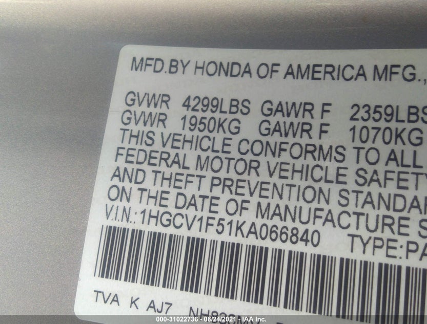 1HGCV1F51KA066840
