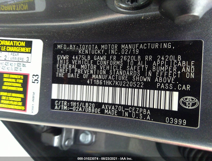 4T1B61HK7KU220522