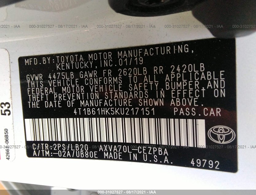 4T1B61HK5KU217151