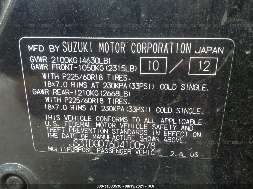 VIN JS3TD0D76D4100578 2013 Suzuki Grand Vitara, Lim... no.9