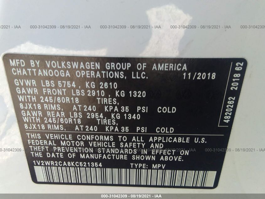 2019 Volkswagen Atlas 3.6L V6 Se W/Technology VIN: 1V2WR2CA8KC521354 Lot: 31042309