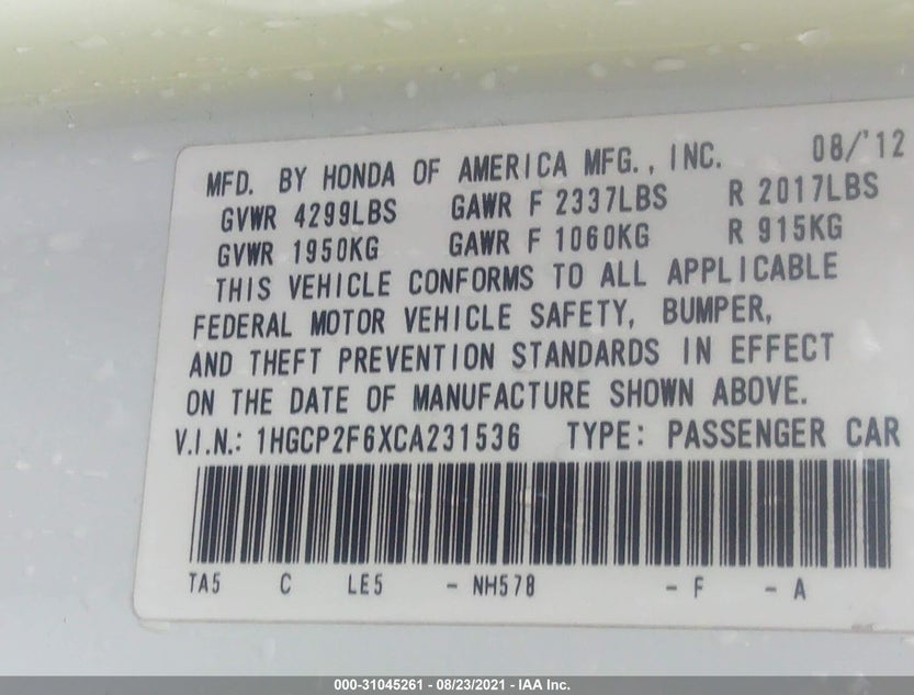 1HGCP2F6XCA231536