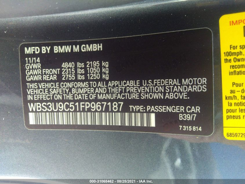 2015 BMW M4 VIN: WBS3U9C51FP967187 Lot: 31068462