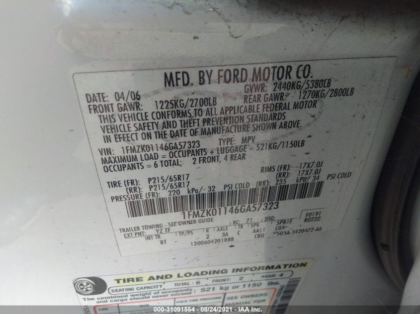 1FMZK01146GA57323 2006 Ford Freestyle Se