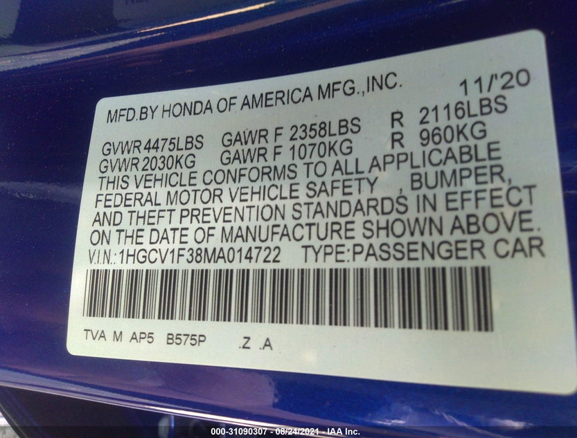 1HGCV1F38MA014722