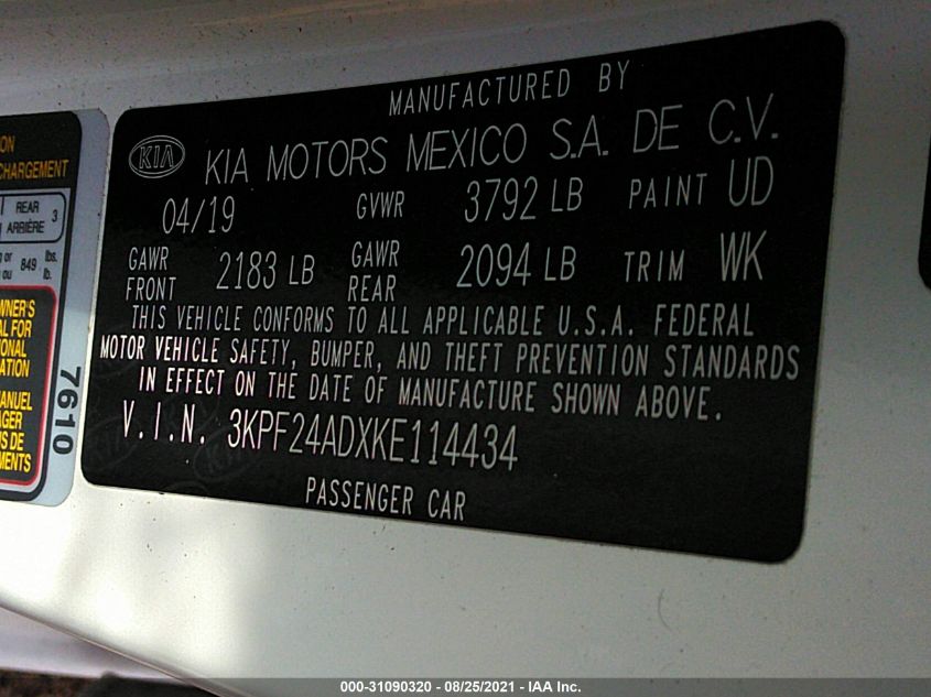 3KPF24ADXKE114434 2019 Kia Forte Lxs