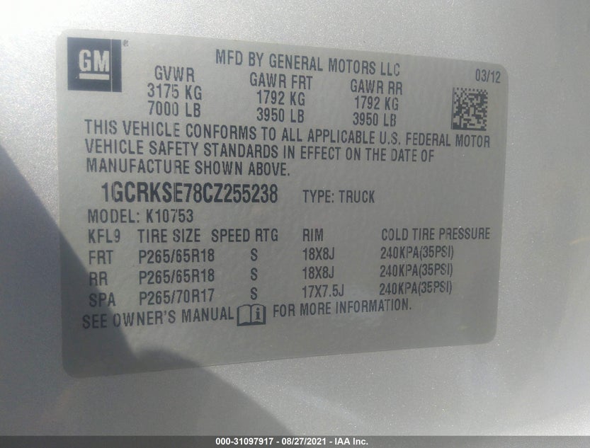 1GCRKSE78CZ255238