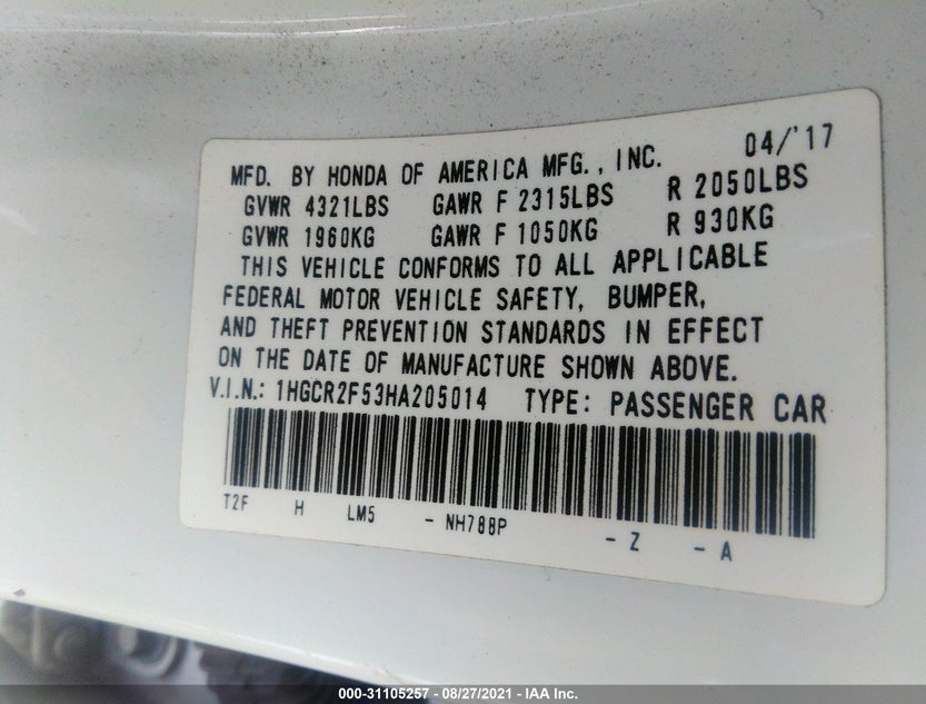 1HGCR2F53HA205014