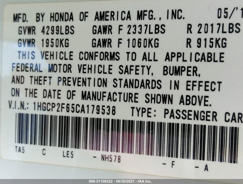 1HGCP2F65CA179538
