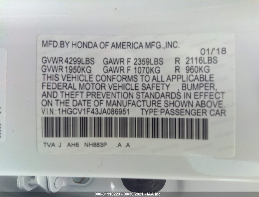 1HGCV1F43JA086951