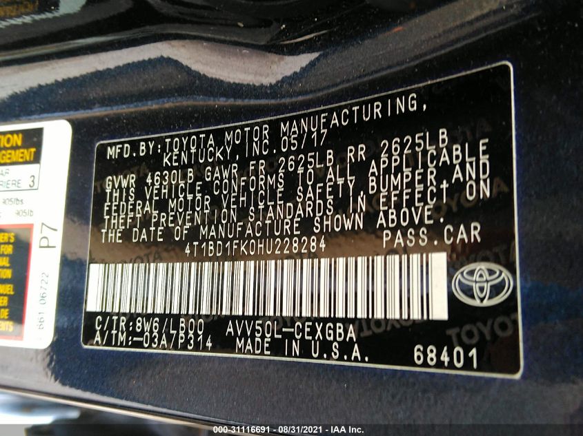 4T1BD1FK0HU228284 2017 Toyota Camry Hybrid Xle