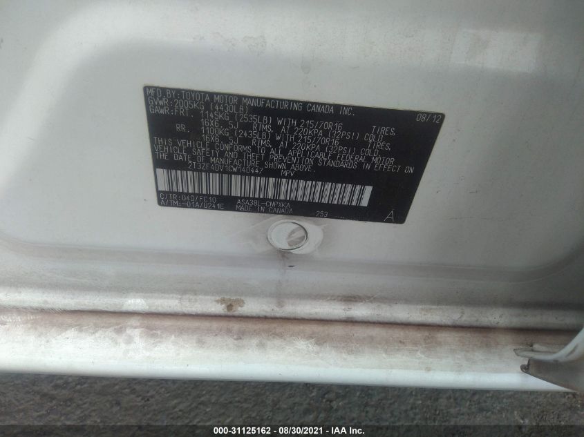 2012 Toyota Rav4 VIN: 2T3ZF4DV1CW140447 Lot: 31125162