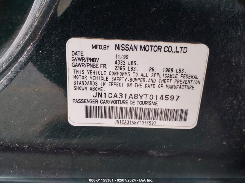 2000 Nissan Maxima Gxe/Gle/Se VIN: JN1CA31A8YT014597 Lot: 31155381