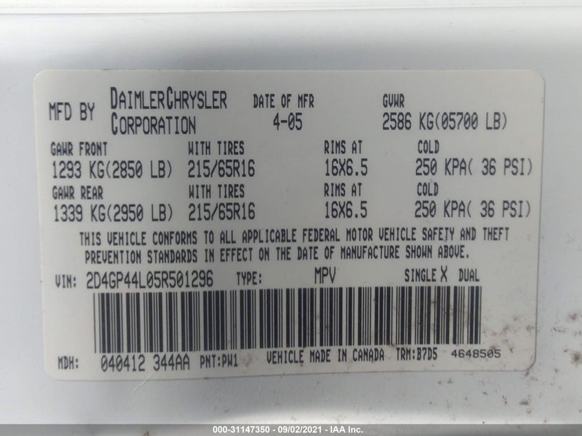 2005 Dodge Grand Caravan Sxt VIN: 2D4GP44L05R501296 Lot: 31147350