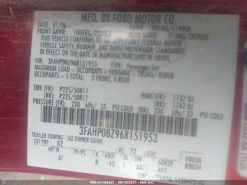 3FAHP08Z96R151953 2006 Ford Fusion Sel