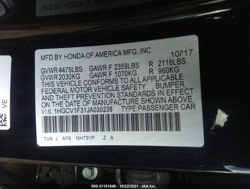 1HGCV1F31JA030238