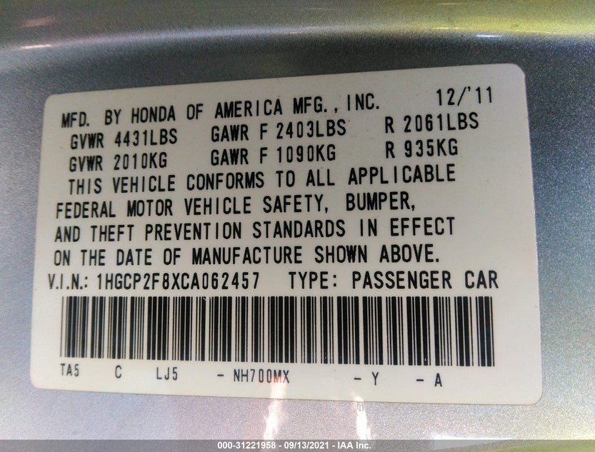1HGCP2F8XCA062457