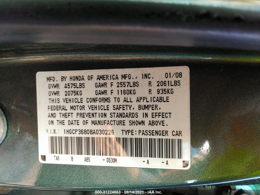 2008 Honda Accord Sdn Ex-L VIN: 1HGCP36808A030226 Lot: 31224863