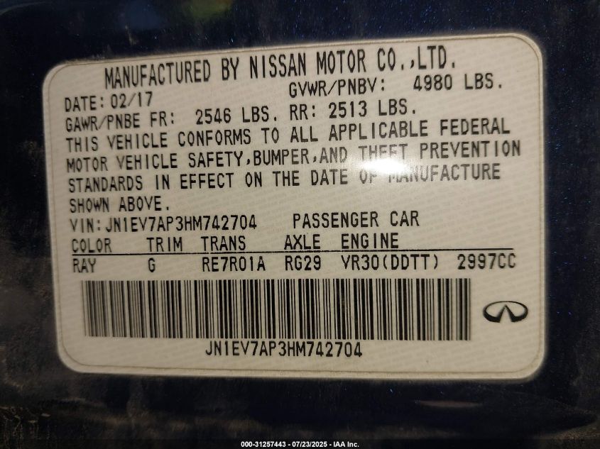 2017 Infiniti Q50 3.0T Sport VIN: JN1EV7AP3HM742704 Lot: 31257443