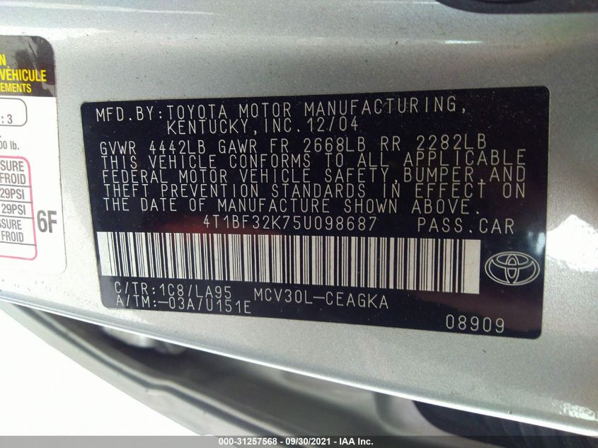 4T1BF32K75U098687 2005 Toyota Camry Xle V6