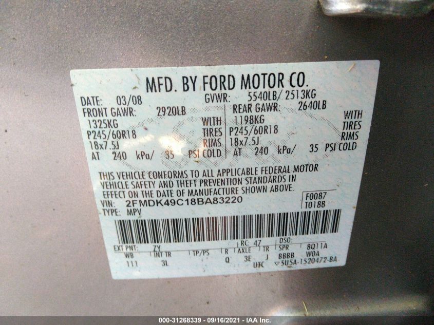 2FMDK49C18BA83220 2008 Ford Edge Limited