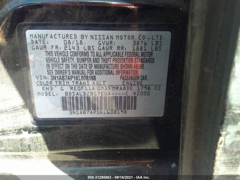 3N1AB7AP1KL608198 2019 Nissan Sentra Sv