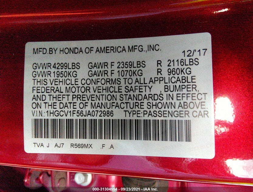 1HGCV1F56JA072986