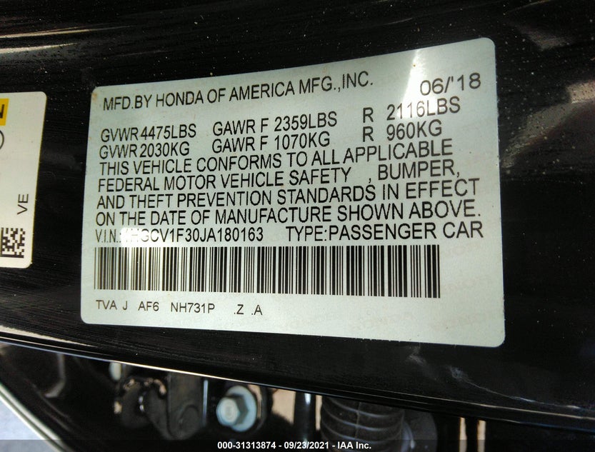 1HGCV1F30JA180163