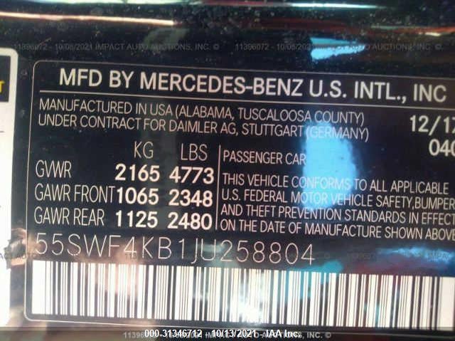 2018 Mercedes-Benz C 300 4Matic VIN: 55SWF4KB1JU258804 Lot: 31346712