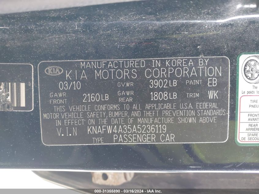 2010 Kia Forte Sx VIN: KNAFW4A35A5236119 Lot: 31355890