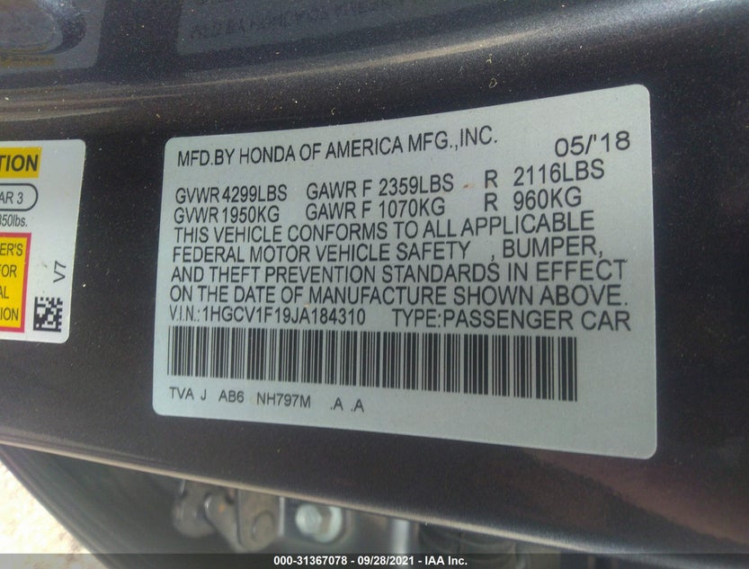1HGCV1F19JA184310
