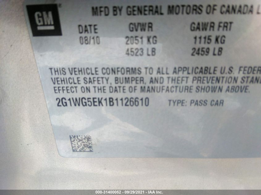 2G1WG5EK1B1126610 2011 Chevrolet Impala Lt