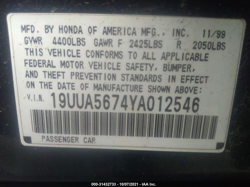 2000 Acura Tl 3.2 W/Navigation System (A5) VIN: 19UUA5674YA012546 Lot: 31432733