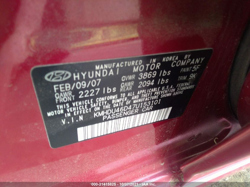 2007 Hyundai Elantra VIN: KMHDU46D47U153101 Lot: 40666258