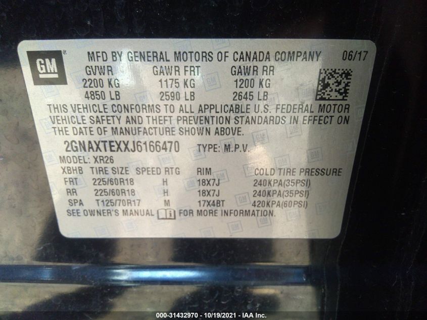 2018 Chevrolet Equinox Lt VIN: 2GNAXTEXXJ6166470 Lot: 31432970